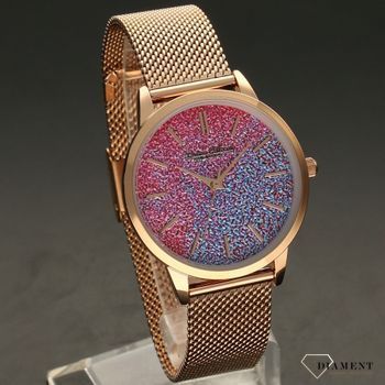 Zegarek damski BRUNO CALVANI brokatowa tarcza BC90533.Tarcza zegarka w dwóch kolorach różowym oraz fioletowym. Bransoleta meshowa oraz koperta zegarka w kolorze różowego z (2).jpg